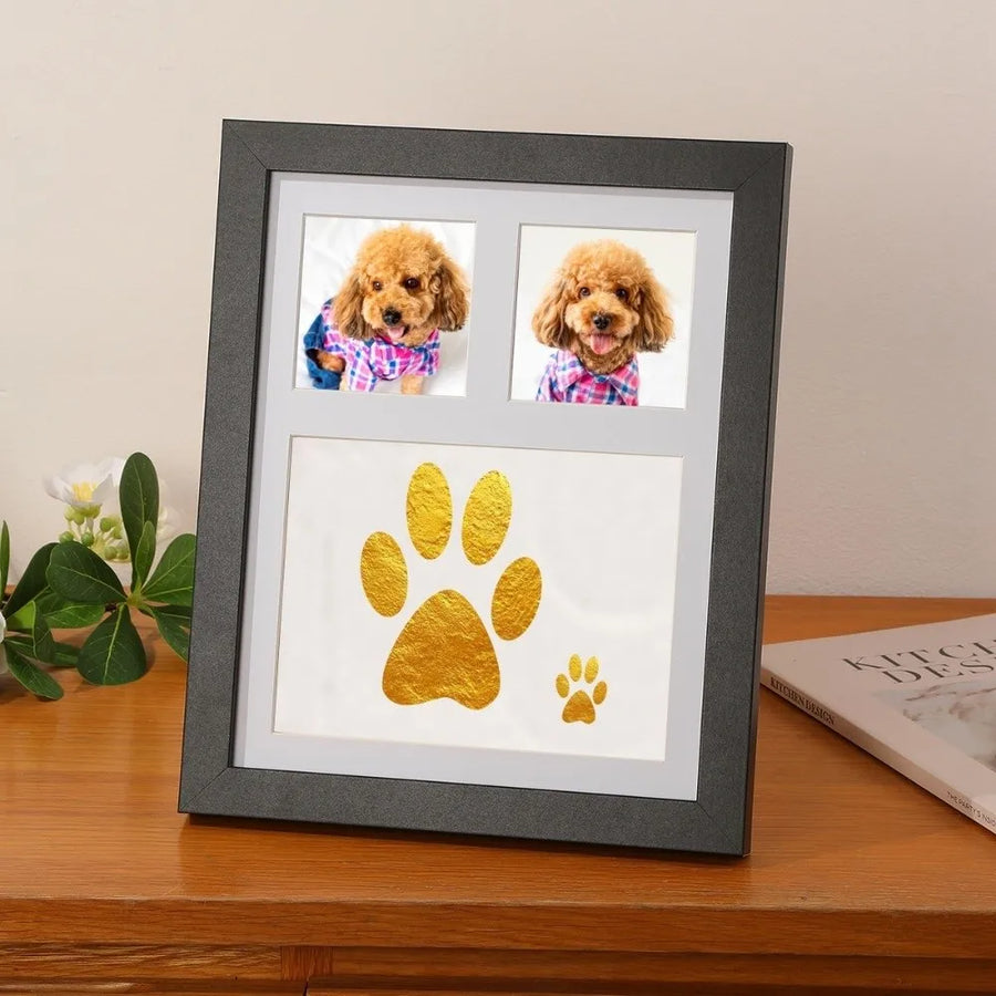 Huella dorada de un cachorro enmarcada con sus fotos